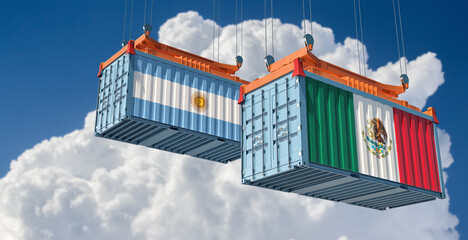 Freight containers with Argentina and Mexico national flags. 3D Rendering 