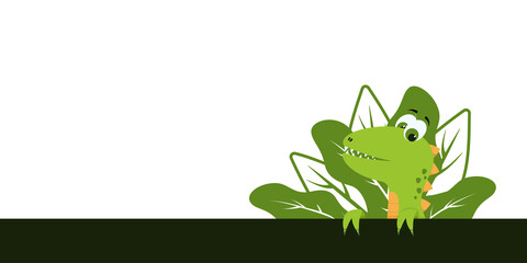A cute dinosaur peeks out from behind the strip. Children's illustration.