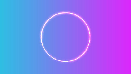 Obraz premium Empty frame with electric power round border glowing, pink neon lightning sign on trendy background. Blank circle neon light around frame lights. Abstract soft gradient mix pink, purple, blue color