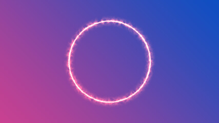 Empty frame with electric power round border glowing, pink neon lightning sign on trendy background. Blank circle neon light around frame lights. Abstract soft gradient mix pink, purple, blue color