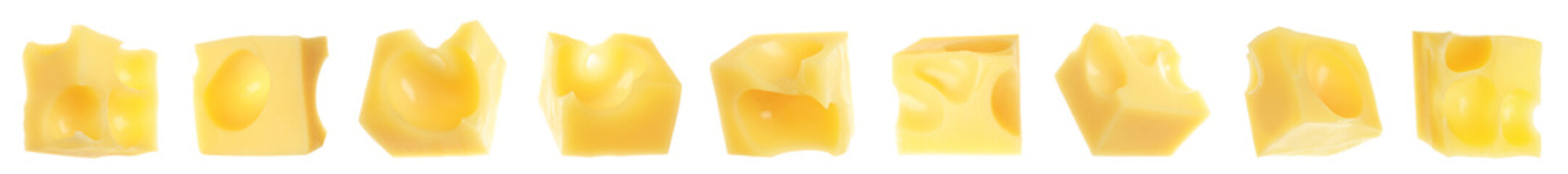 Pieces of delicious cheese on white background, collage. Banner design