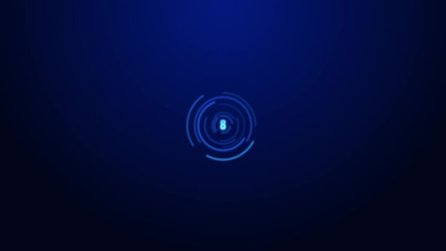 Blue Digital HUD Neon glowing countdown timer from 10 to 0 seconds. Hi Tech Countdown 10 Second Futuristic Circle Rotating Elements Animation. Background Reflection. Numbers for intros.