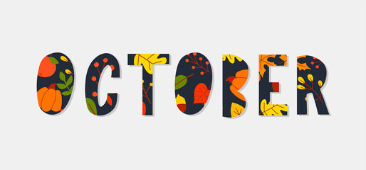 October lettering text sale vector banner with colorful autumn leaves