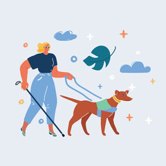 Vector illustration of Illustration of a blind woman being guided by a dog