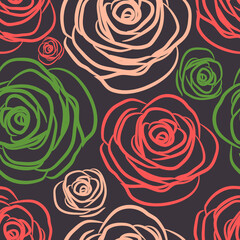 Pink and green pastel roses on a dark background. Seamless floral pattern for modern textiles, decorative pillows, trendy fabrics. Vector.