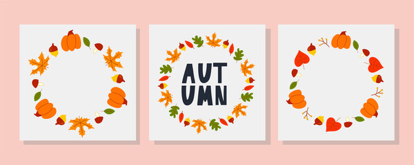 Vector wreath of autumn leaves and fruit in watercolor style. Beautiful round wreath of yellow and red leaves, acorns, berries, cones and branches. Decor for invitations, greeting cards, posters.