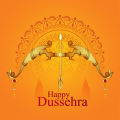 Happy dussehra invitation greeting card with creative vector illustration of shri rama arrow and bow