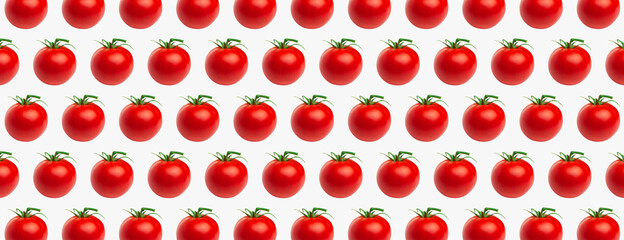 Tomatoes pattern. Creative food concept. Red ripe juicy tomatoes with green tail on gray background. Healthy vegan organic food, vegetable, cherry tomatoes, summer, harvesting. Banner