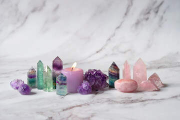 Gemstones minerals set and candle on marble background. Healing stones for Crystal Ritual,...