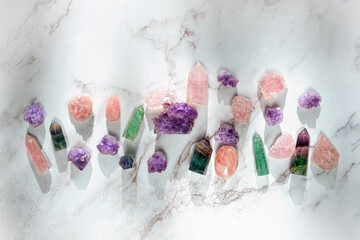 Gemstones minerals set on marble background. Healing stones for Crystal Ritual, spiritual practice....