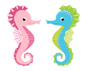 Pair of seahorses, scandinavian style hippocampus, hand drawn, pink and turquoise, boy and girl, love