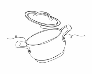 Continuous one line drawing of cooking pot in silhouette on a white background. Linear stylized.Minimalist.