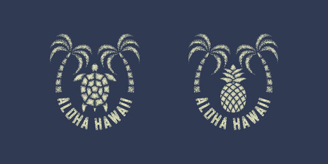 Fototapeta premium Set of color illustrations of palm, turtle, pineapple and text on the background. Design element for print, poster, emblem, label, sticker. Vector illustration with grunge texture. Hawaii symbolism.