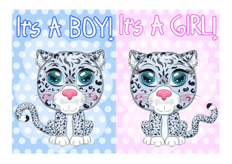 Cartoon snow leopard with expressive eyes among flowers, hearts, decorative elements. Wild animals, character, childish cute style.