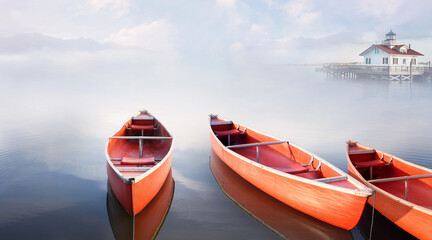 Kayak or canoe on a water in the lake. Outdoors and adventure concept. vintage style. Of free space for your texts.