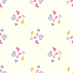Cartoon cute doodles hand drawn Musical seamless pattern. Colorful detailed, with lots of objects background.