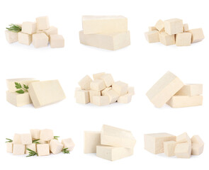 Set with tasty raw tofu on white background