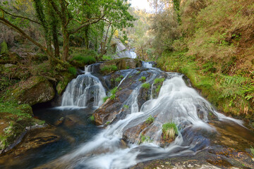 Waterfall in a beautiful forest in the area of Galicia, Spain.