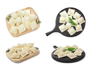 Set with uncooked ravioli on white background
