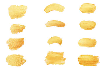 Gold paint stroke set. Gold brush abstract art illustration. Gold glittering design art brush stroke.
creative set yellow paint isolated collection. Design golden stroke effect brush color painting.