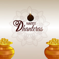 Happy dhanteras invitation greeting card with creative gold coin pot and background