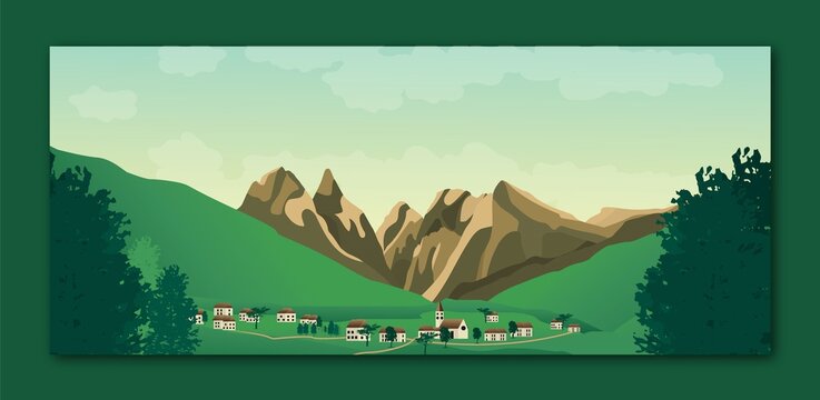 Landscape valley illustration with mountains,trees,houses and sky