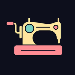 Antique sewing machine RGB color icon for dark theme. Collectible equipment with hand crank and treadle. Isolated vector illustration on night mode background. Simple filled line drawing on black