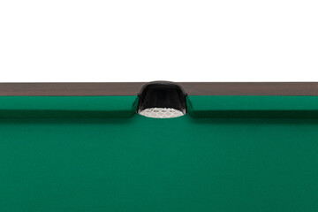 A pool table. Parts of a billiard table close-up. American pool table. Billiard pockets. Wooden billiard table.