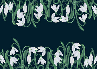 Seamless hand drawn border with snowdrops in white and green colors. Stylish ornament with light flowers on a dark green background. Pencil texture. Copy space.