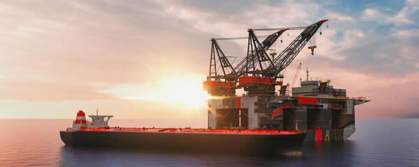 industrial ports and offshore oil and gas exploration activitie, transport ship, 3d render and...