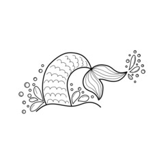 Hand drawn silhouette of mermaid's tail. illustration isolated on white background. Graphic tattoo.