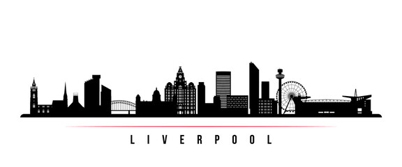 Naklejka premium Liverpool skyline horizontal banner. Black and white silhouette of Liverpool, UK. Vector template for your design.