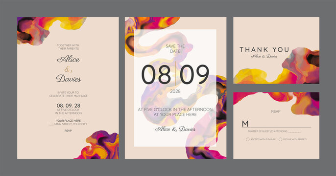 Modern abstract luxury wedding invitation design or card templates for birthday greeting or certificate or cover with navy blue watercolor waves or fluid art in alcohol ink style with golden glitter.