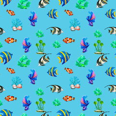 Watercolor seamless pattern of marine life, fish, Watercolor marine seamless pattern.Sea background Sea life. Hand-drawn Animals, Plants, a lighthouse, Ship navigation equipment.Fish, jar, aquarium.