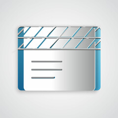 Paper cut Movie clapper icon isolated on grey background. Film clapper board. Clapperboard sign. Cinema production or media industry. Paper art style. Vector