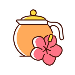 Hibiscus tea RGB color icon. Carcade sour beverage. Red tea made from dried petals. Help reduce blood pressure. Medicinal drink. Isolated vector illustration. Simple filled line drawing
