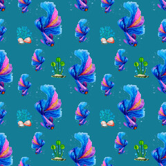 Obraz na płótnie Canvas Watercolor seamless pattern of marine life, fish, Watercolor marine seamless pattern.Sea background Sea life. Hand-drawn Animals, Plants, a lighthouse, Ship navigation equipment.Fish, jar, aquarium.