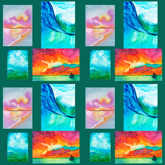 Watercolor seamless pattern of marine life, fish, Watercolor marine seamless pattern.Sea background Sea life. Hand-drawn Animals, Plants, a lighthouse, Ship navigation equipment.Fish, jar, aquarium.