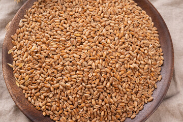Wooden bowl of wheat grains close up on a table. , top view