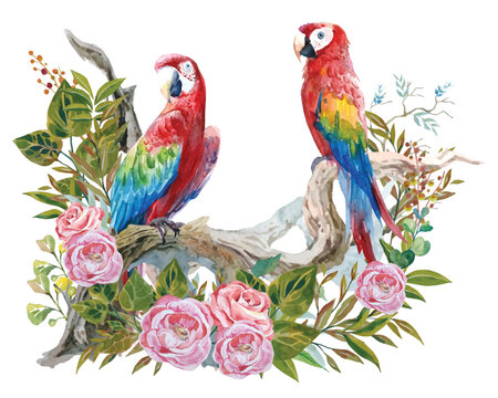 Watercolor painting of a pair of colorful parrots on curved branches decorated with retro-style leaves, branches and flowers. 