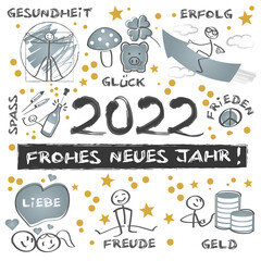 2022 - Frohes neues Jahr - Neujahrsgruß mit wünschen - deutscher Text Gesundheit und Glück - gold und silber