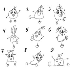 linear drawing of a cartoon pear of different shapes and in different poses