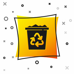 Black Recycle bin with recycle symbol icon isolated on white background. Trash can icon. Garbage bin sign. Recycle basket sign. Yellow square button. Vector