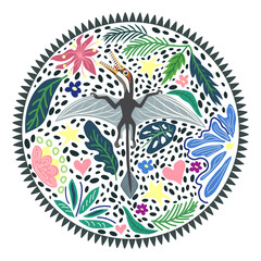 Flying Ramforkhin, prehistoric dinosaurs collection. Ancient animals. Hand drawn. In a frame of flowers and leaves. © MichiruKayo