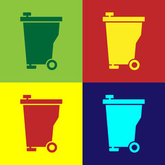 Pop art Trash can icon isolated on color background. Garbage bin sign. Recycle basket icon. Office trash icon. Vector
