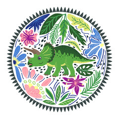 Triceratops green, prehistoric dinosaurs collection. Ancient animals. Hand drawn. In a frame of flowers and leaves