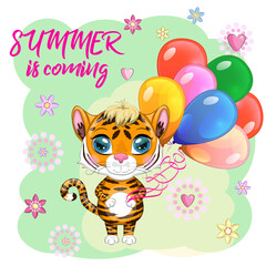 Cute cartoon tiger with beautiful eyes with balloons, greeting card. Chinese New Year 2022, Christmas Year of the Tiger