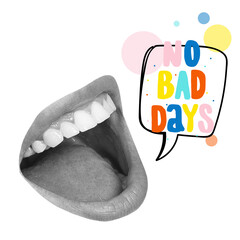 Modern design, contemporary art collage. Inspiration, idea, trendy urban magazine style. Female open mouth, charming smile with speech bubble on background.