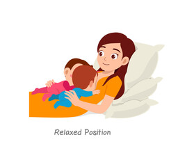 mother breastfeeding twin baby with pose named relaxed position