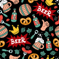 Vector seanless pattern on the theme of beer, alcohol, drink. Cartoon background with food, sausage, mugs, barells for use in design